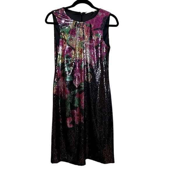 T Tahari Helena Black/Multi Color Floral Sequin Sleeveless Pleated Collar Dress - Picture 1 of 16